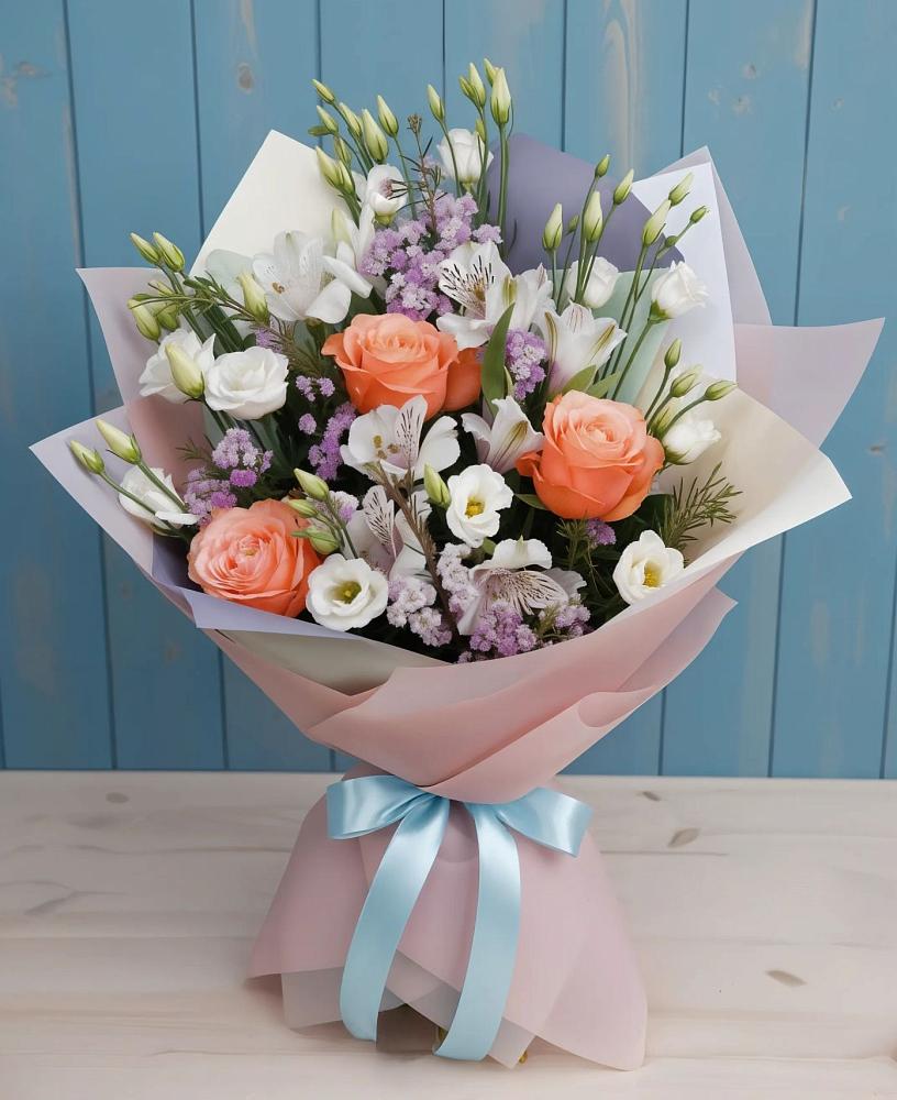Букет цветов из: Лизиантусы, Розы, Альстромерии и Гипсофила в Николаевске-на-Амуре