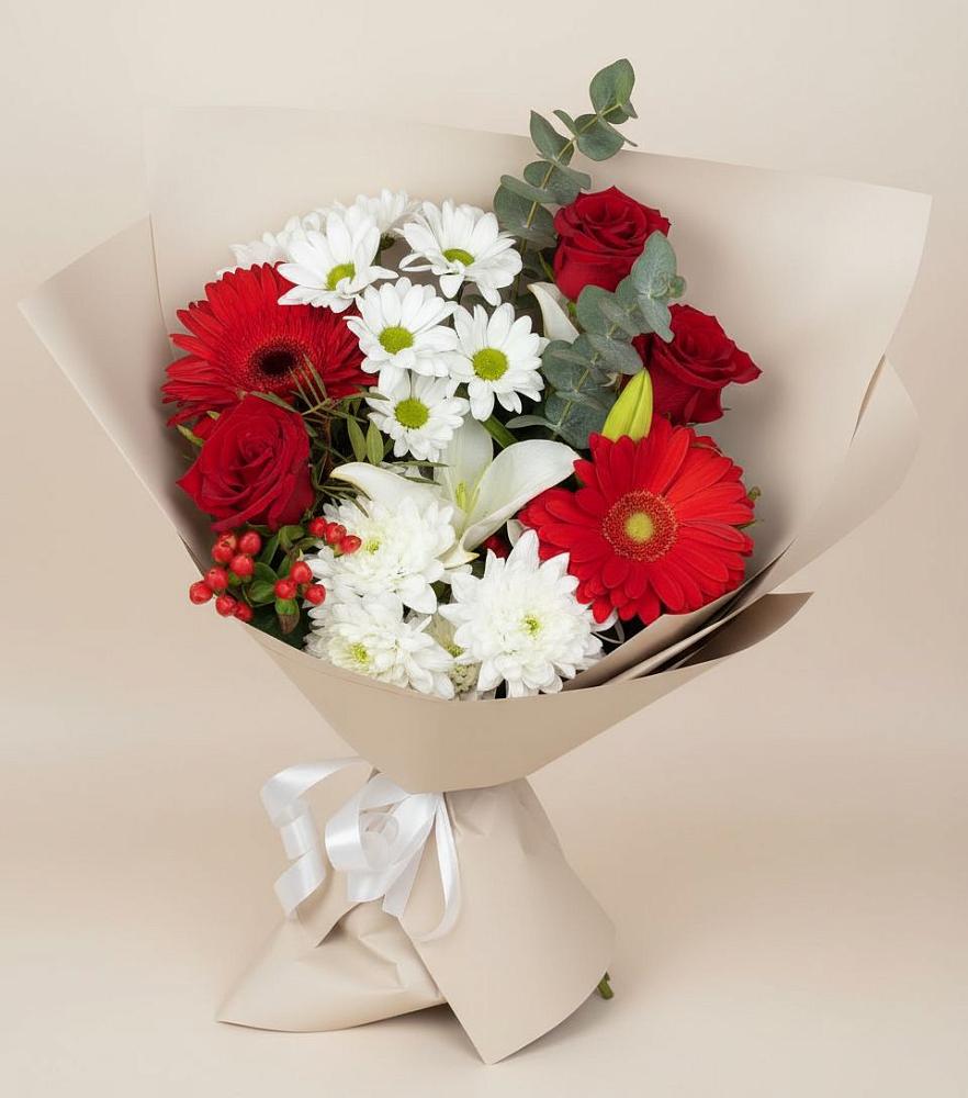 Букет цветов из: Розы, Хризантемы, Герберы и Лилии в Николаевске-на-Амуре