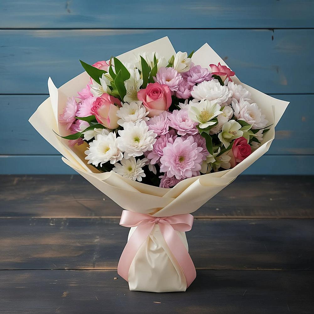 Букет цветов из: Хризантемы, Альстромерии и Розы в Николаевске-на-Амуре